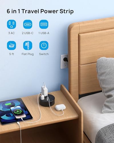 Compact TROND 20 W USB-C Travel Power Strip – Retractable 5 ft Extension Cord with 3 AC Outlets for Fast Charging, Perfect Cruise Ship Essential, Ultra-Thin Flat Plug for Home & Dorm Use – Stay Organized & Connected Anywhere
