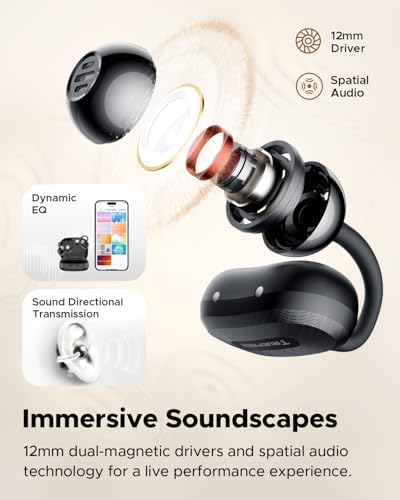 Elevate Your Audio Experience with truefree C10 Open-Ear Bluetooth 5.4 Earbuds – Lightweight Clip-On Wireless Headphones Offering Immersive 12 mm Spatial Sound, 28-Hour Extended Playtime, IPX5 Water Resistance, AI Noise Cancellation for Superior Call Clarity, Dual Device Connectivity, and Tailored Audio Customization for Maximum Comfort and Performance