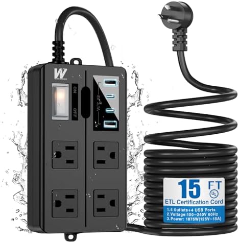 VNJ Outdoor Power Strip: 8 AC Outlets & 4 Fast USB Ports, IPX6 Waterproof Surge Protector with Safety Lock for Secure Connections, ETL-Certified 15 FT Extension Cord – Ideal for Home, Garden, and Commercial Applications