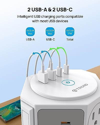 TROND Tower Surge Protector Power Strip – 14 Spacious Outlets & 4 Fast USB Ports (2 USB-C) – 2100 Joules Surge Defense – 6 Feet Versatile Extension Cord for Home Office & Dorm Setup – Streamlined Design for Optimal Charging Efficiency and Device Safety