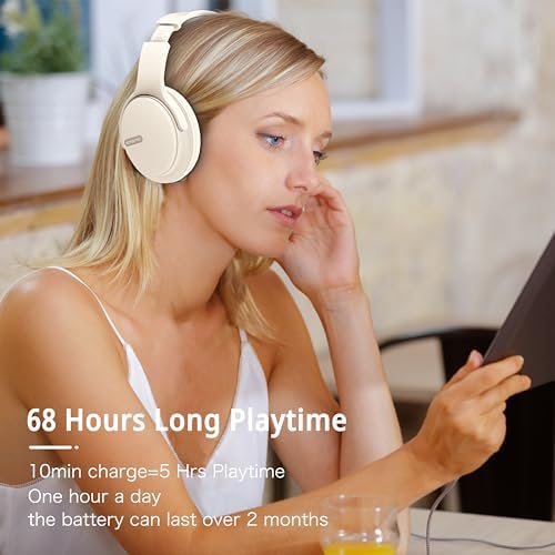 Transform Your Listening Journey with AMORNO Wireless Over-Ear Bluetooth Headphones – 68-Hour Playtime, Superior Hi-Fi Sound, and Ergonomic Foldable Design for Ultimate Portability (White) – Ideal for Music Lovers and Professionals on the Go
