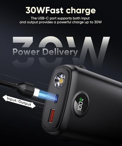 High-Capacity 40,000 m Ah Portable Power Bank with PD 30 W & QC 4.0 Fast Charging, Dual USB + Type-C Outputs, Built-in LED Flashlight & Real-Time Battery Display – Ultimate Travel Companion in Carbon Black for All Your Devices