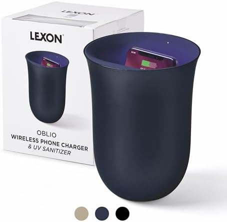 Lexon OBLIO QI Wireless Charger & UV Sanitizer Station – Fast 10 W Charging & Germ-Free Protection in Stylish Dark Blue Design for Enhanced Device Care and Efficient Power Management