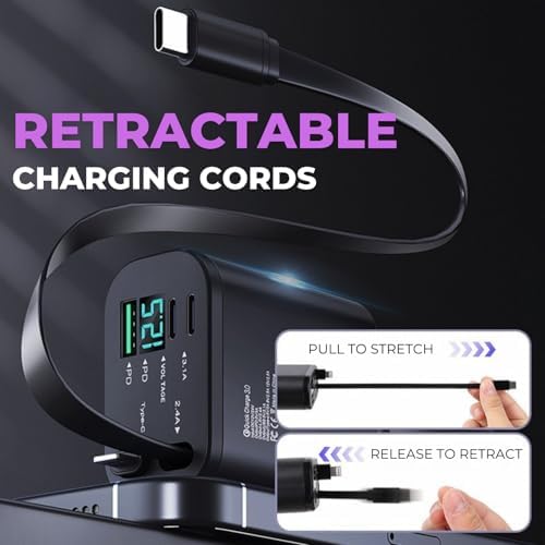 Revolutionize Your Road Trips with the Retractable 4-in-1 Fast Car Charger – Dual Retractable Cords (Type C + i OS) and 2 USB Ports for Multi-Device Power | RGB Starlight Design for Enhanced Aesthetics | High-Speed Charging Compatibility for Android & i Phone Models – Charge Up to 4 Devices Simultaneously