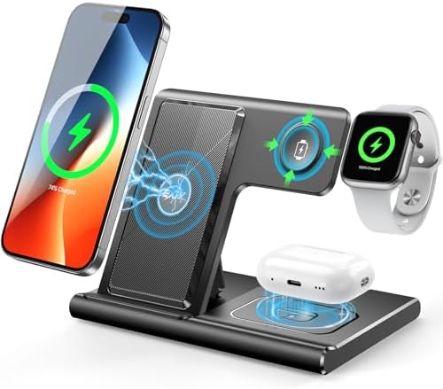 EXW 2024 Premium 3-in-1 Charging Station for Apple: Fast Wireless Charger for i Phone 16, 15, 14, 13, 12, 11 Pro Max, XR, XS & Air Pods with Apple Watch Dock – Streamline Your Charging Experience & Optimize Space with Enhanced Compatibility (Adapter Not Included)