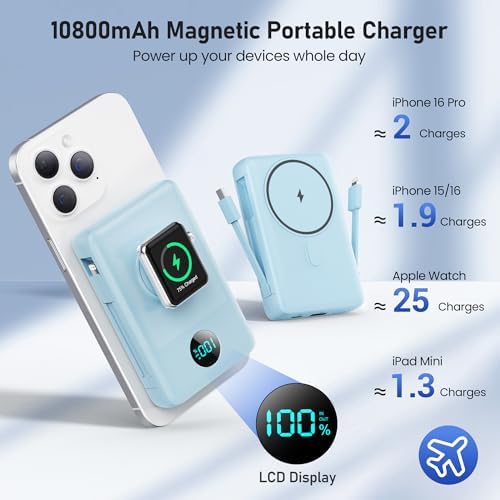 Revolutionary Magnetic Portable Charger for i Phone – 6-in-1 Power Bank with 10,800 m Ah Capacity, Built-in Cables, Apple Watch Charger, and LCD Display – 25 W PD Fast Charging for i Phone 16/15/14/13/12 and Mag Safe Compatibility – Ultimate On-the-Go Charging Solution