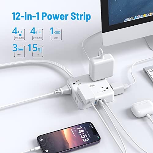 TROND 360° Rotating Plug Power Strip with 5 FT Flat Cord – 4 AC Outlets & 4 USB Ports (2 USB-C) – Wall Mount Surge Protector with 1440 Joules Safety Rating – Ultimate Travel & Home Charging Solution for Electronics and Devices