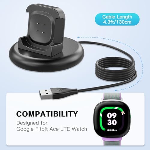 Fitbit Ace LTE Charging Dock with Secure Anti-Slip Base & 4.4 Ft USB Power Cable – Ultimate Charging Station for Kids’ Smartwatches, Travel-Friendly Design for Home & On-the-Go Use (Black)
