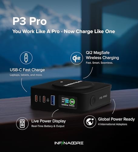 Infina Core P3 8000 m Ah Portable Power Bank: Ultra-Fast 18 W USB-C Charger with 4-in-1 Functionality, Qi Wireless Compatibility, and Travel-Ready Foldable Plug for Effortless Device Charging on the Go