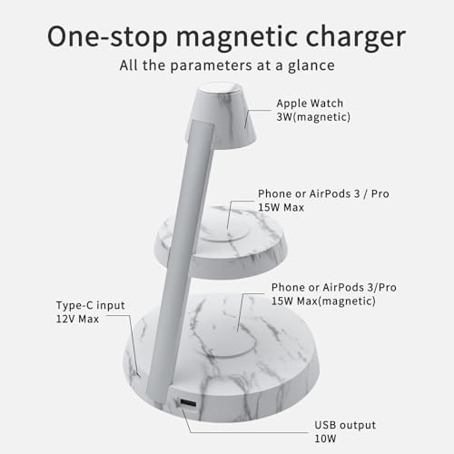 Elevate Your Charging Experience with the Marble Style Magnetic Wireless Charger 3 in 1 Tower – Sleek Night Light Charger for Cellphones, Wireless Earbuds, and Apple Watch with High-Power Output and Space-Saving Design – Perfect for Home or Office Use