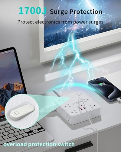 Upgrade Your Charging Experience with 2 Prong Power Strip: 12 AC Outlets & 4 USB Ports (2 USB-C), 1700 J Surge Protector, 5 FT Extension Cord – Wall Mountable for Enhanced Safety in Older Homes with Non-Grounded Outlets