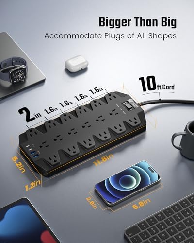 Maximize Your Power Efficiency with SUPERDANNY 18-Outlet Surge Protector Power Strip – 4 USB Charging Ports, 1875 W/15 A, 2100 J Surge Protection, 6.5 FT Heavy-Duty Flat Plug Extension Cord for Home, Office, Gaming, and Dorm Use – Versatile Wall Mount Design for Unmatched Convenience and Safety