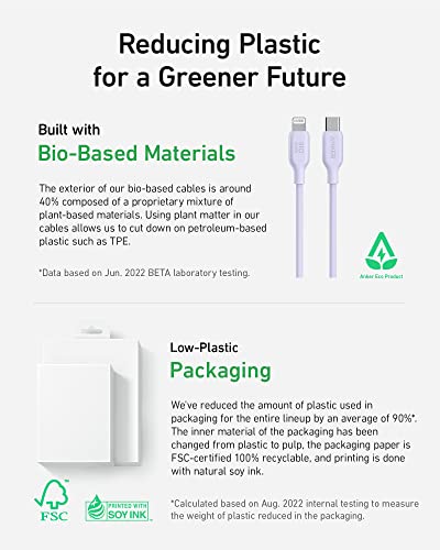 Anker 6 FT USB C to Lightning Cable – MFi Certified, Eco-Friendly Bio-Based Charging Cord for i Phone 14 and More – Stylish Purple Design for Enhanced Durability and Fast Data Transfer – Perfect for Home and Office Use
