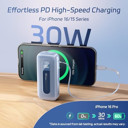Compact 10,000 m Ah Power Bank with Retractable USB-C Cable – 30 W Fast Charging Portable Charger for i Phone 15/16, Galaxy, and i Pad – Smart LED Display for Travel Convenience and Enhanced Compatibility