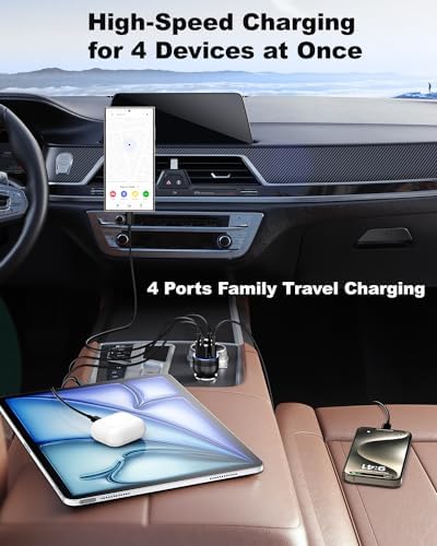 Agtray 65 W 4-Port Fast Charging Car Charger with 6 FT USB C Braided Cable – High-Performance USB C Adapter for i Phone 16, Samsung Galaxy S25, and Pixel 9 – Ultimate Multi-Device Charging Solution for Road Trips and Daily Commutes – Compact, Durable, and Safety-Enhanced Car Accessory
