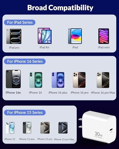 30 W USB-C Fast Charger with 10 FT Cable for i Pad Pro & Air Models – High-Speed Charging with Enhanced Compatibility for All Generations – Perfect for Travel and Everyday Use