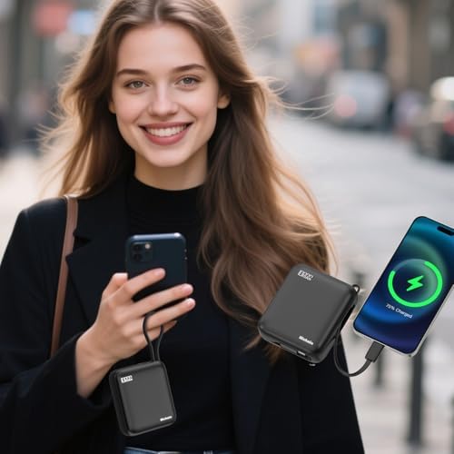 Sleek Gold Portable Power Bank with Built-in Cables and LED Battery Indicator – 10,000 m Ah USB-C Fast Charging Power Pack for i Phone, i Pad, Samsung, and Android Devices – Essential Travel Charger with Intelligent Safety Technology for Ultimate On-the-Go Convenience