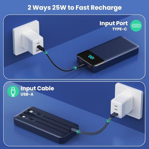 High-Capacity 40800 m Ah Portable Charger with Integrated Cables – Fast PD 25 W USB-C & QC4.0 Power Bank for i Phone 15/16 and Samsung – Smart LED Indicator, 5 Outputs for Multi-Device Charging – Ultimate Travel Companion for On-the-Go Power Solutions