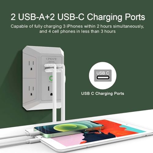 QINLIANF 5-Outlet USB Wall Charger with Surge Protection – 4 USB Ports (4.8 A Total) Power Strip Extender, 3-Sided Design for Easy Access, 1680 J Surge Defense, Compact Multi-Plug Adapter for Home, Travel, and Office Use – Elevate Your Charging Experience with Versatile Compatibility and Safety