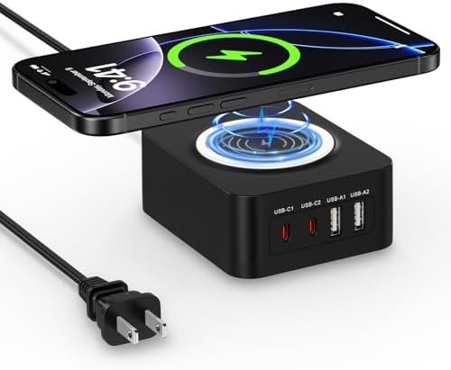 60 W Multi-Port USB Charging Station with 15 W Wireless Charger – Fast Charging Hub for Samsung Galaxy S25 Ultra, i Phone 16, and Google Pixel 9 Pro – Compact Travel Wall Adapter for Ultimate Device Compatibility and Efficiency