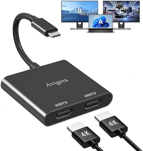 Elevate Your Setup with the Avigers USB C to Dual HDMI Adapter – 4 in 1 Multi-Display Hub for Seamless 4 K Productivity and Gaming, Features 2 HDMI Outputs, PD Charging Port, and USB 3.0 for Lightning-Fast Data Transfer – Lightweight, Portable Design for On-the-Go Professionals and Gamers