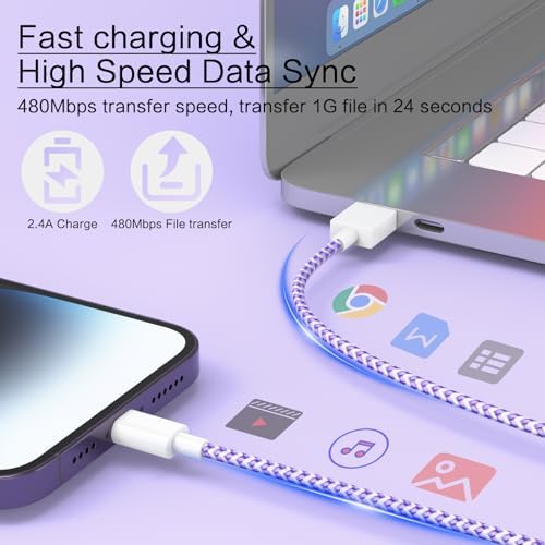 Apple MFi Certified 6 Pack Nylon Braided Lightning Cables – Fast Charging in Stylish Pastel Colors, Versatile Lengths (3 FT, 6 FT, 10 FT) for i Phone 14 Pro, 13 Mini, 12, 11 Pro Max, XR, XS, 8, 7, Plus, 6 S – Enhanced Durability & Quick Data Transfer