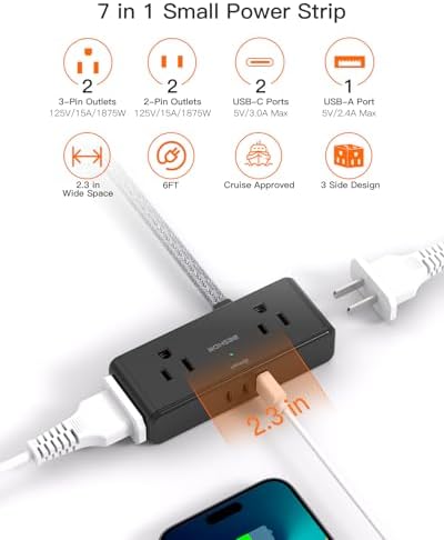 BESHON 10 ft Flat Plug Extension Cord with 4 Wide Outlets & 3 USB Ports (2 USB-C) – Versatile Power Strip for Home, Office & Dorm – Space-Saving Design with Surge Protection & Fast Charging Capabilities