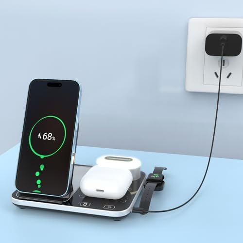 4-in-1 Wireless Charging Station with Ambient Light – Fast Qi-Compatible Charger for i Phone 15, 14, 13, 12, 11 Pro Max, XR, XS, Perfect Foldable Charging Stand for Apple Devices and Travel Convenience