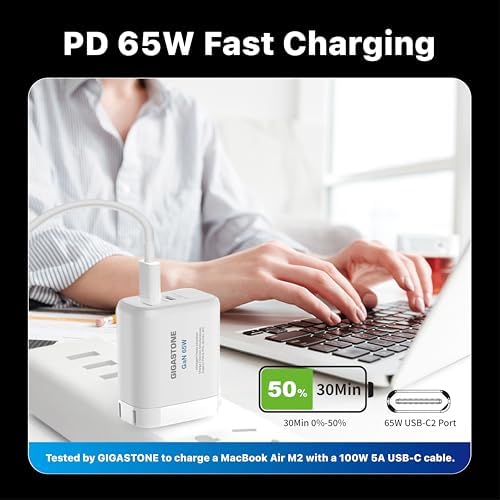 Gigastone 65 W Ga N Dual USB-C Charger [2-Pack] – Rapid Intelligent Power Allocation for Mac Book, Dell XPS, i Pad, i Phone 15/16, Galaxy S24 – Compact Foldable Travel Adapter with Enhanced Compatibility and Fast Charging Performance