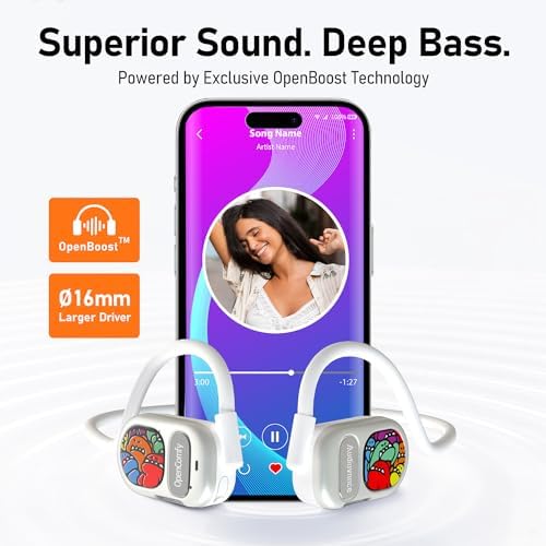 Revolutionize Your Workout with Open Comfy CF201 Bluetooth Headphones – Lightweight Open-Ear Design for Ultimate Ambient Awareness and Premium Sound – Perfect Wireless Earbuds for Running, Gym, and Outdoor Adventures – Sleek White Aesthetic for Style and Safety