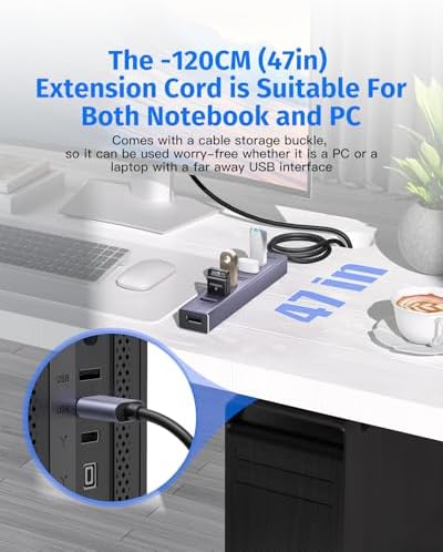 Elevate Your Connectivity Game with the FORIDA 8-Port USB 3.0 Hub – Ultimate USB Splitter Featuring 7 High-Speed Data Ports, USB-C Power Delivery, and a 47-Inch Versatile Cable for Laptops and PCs – Perfect for Seamless Device Integration and Enhanced Productivity