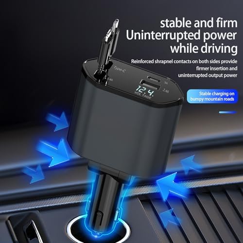 Ultimate Retractable Car Charger with Dual Built-in USB-C & Lightning Cables – PD/QC3.0 Fast Charging for i Phone 16/15, Samsung Galaxy & All 12-24 V Vehicles – Sleek Design, Maximum Portability & Enhanced Device Compatibility for Tech-Savvy Users