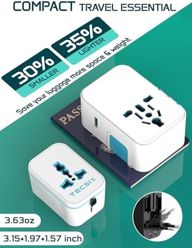 Global Travel Power Adapter with Dual USB-C & USB-A Ports – Compact 240 V AC Charger for International Use in EU, US, UK, AUS – Fast Charging Solution for Modern Travelers – Sleek, Lightweight Design (Black/Blue)