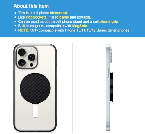 Magnetic Phone Grip & Stand Holder for i Phone 15/14/13/12 – Premium Vegan Leather with Carbon Fiber Style – Effortless Mag Safe Compatibility for Secure Use – Lightweight, Easy-Clean Accessory Enhancing Mobile Functionality and Stability