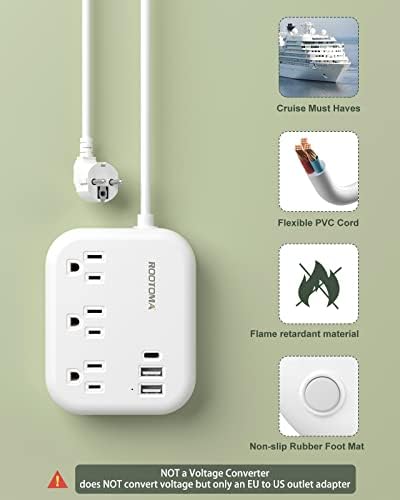 ROOTOMA 6 ft International Power Strip with 3 American Outlets & 3 USB Chargers – Essential US to EU Travel Adapter for Seamless Connectivity in Spain, France, Germany, Iceland – Compact & Durable Design for Travelers