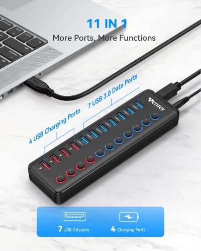 Maximize Your Connectivity with the Wenter 11-Port Powered USB 3.0 Hub – Fast Data Transfer & Smart Charging for Mac and PC Users, Featuring Individual LED Control and Reliable Power Adapter for Enhanced Versatility
