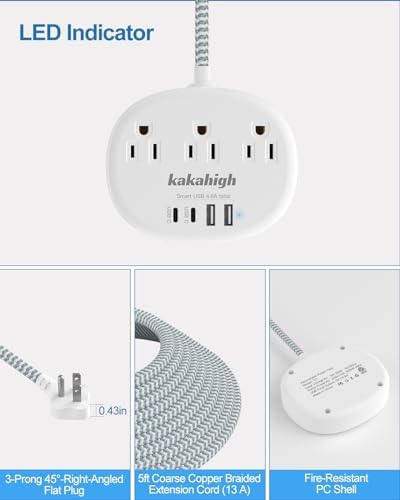 Stylish Brown Extension Cord with 1080 J Surge Protection – 5 FT Flat Braided Design Featuring 3 AC Outlets & 4 USB Ports (24 W/4.8 A) for Fast Charging – Ideal Tan Desk Accessory for Powering Devices Safely & Efficiently