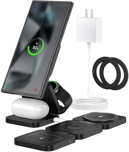 Ultimate 3-in-1 Foldable Wireless Charging Station for Samsung Devices – Magnetic Charger Stand for Galaxy S24, S23 Ultra, S22, S21, Galaxy Watch 6/5/5 Pro/4/3 & Galaxy Buds 2 Pro (Black) – Fast, Efficient Charging & Travel-Friendly Design