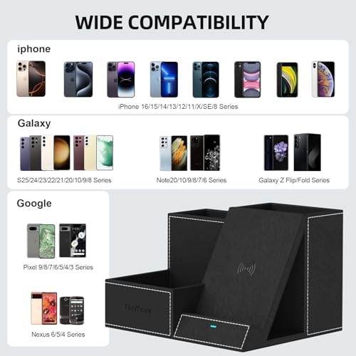 Premium PU Leather Wireless Charging Station & Desk Organizer for i Phones – Fast, Stylish Charging Dock with Integrated Pen Holder – Ideal Gift for Men and Essential Office Accessory in Elegant Black – Boost Productivity & Organize Your Workspace