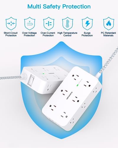 HANYCONY 12-Outlet Power Strip Surge Protector with 4 USB Ports (2 USB-C) – 6 ft Flat Extension Cord with 1800 J Surge Protection, Wall-Mountable Charging Station for Home, Office, and Dorm Room – Ultimate Device Connectivity and Fast Charging Solutions