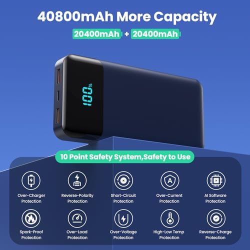 High-Capacity 40800 m Ah Portable Charger with Integrated Cables – Fast PD 25 W USB-C & QC4.0 Power Bank for i Phone 15/16 and Samsung – Smart LED Indicator, 5 Outputs for Multi-Device Charging – Ultimate Travel Companion for On-the-Go Power Solutions