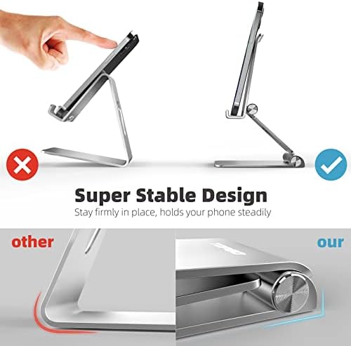 TOPGO Adjustable Cell Phone Stand, [Fully Foldable & Wide Compatibility] Desktop Stand Holder with Charging Port for iPhone, iPad, Kindle, Tablets, Switch – Silver – Enhanced Compatibility and Speed