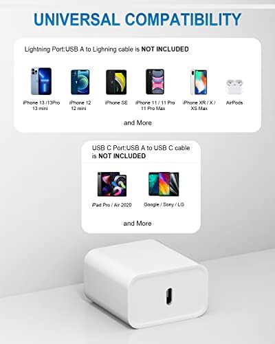 20 W USB-C Wall Charger & Lightning Cable Duo: Ultra-Fast Charging Solution for i Phone & i Pad – Compact, Travel-Friendly Design with Universal Compatibility for i Phone 14/13/12/11 and More – Perfect for Everyday Use and On-the-Go Power