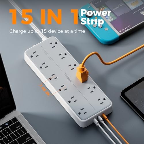 TESSAN High-Capacity Surge Protector Power Strip – 12 AC Outlets & 3 Fast USB Ports (1 USB-C) – Flat Wall Plug Design for Space Efficiency – 5 Ft Cord with 1700 Joules Surge Protection – Essential Power Management Solution for Home, Office, and Dorm Room Use