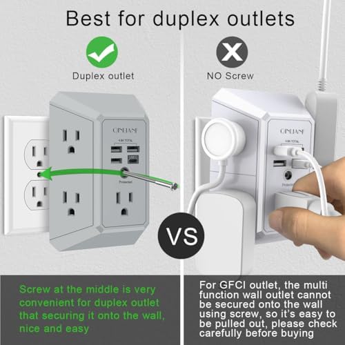 QINLIANF 5-Outlet USB Wall Charger with Surge Protection – 4 USB Ports (4.8 A Total) Power Strip Extender, 3-Sided Design for Easy Access, 1680 J Surge Defense, Compact Multi-Plug Adapter for Home, Travel, and Office Use – Elevate Your Charging Experience with Versatile Compatibility and Safety