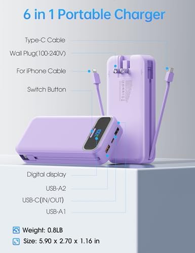 Ultra-Compact 12000 m Ah Power Bank with Built-in Charging Cables & AC Plug – 20 W PD Fast Charging for i Phone, Samsung, Android, USB-C Devices – Travel-Friendly External Battery Pack in Purple – Unmatched Portability and Efficiency for On-the-Go Charging Solutions