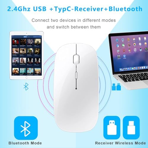 Elevate Your Productivity with the Versatile Wireless Mouse – Rechargeable Bluetooth 5.2 Connectivity, Three Modes (USB-A & USB-C Compatible) for Seamless Use with Mac Book, Chromebook, and More – Silent Click Design for Distraction-Free Work, Sleek Black Finish, Perfect for Travel and Home Office Efficiency