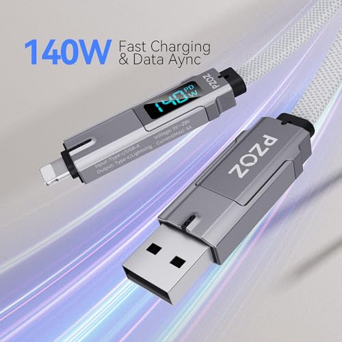 pzoz 4-in-1 USB C Fast Charging Cable with LED Status Display – Versatile Multi-Device Charger for i Phone 16/15/14 Pro Max, i Pad, Mac Book, Air Pods Pro, Samsung, and Google (60 W, 5 ft) – Streamlined Efficiency, Enhanced Durability, and Universal Compatibility for All Your Charging Needs