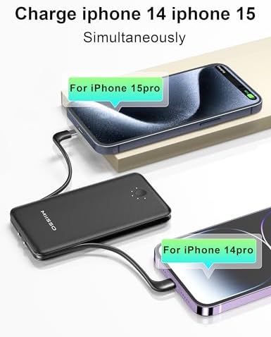 miisso Ultra Slim 10000 m Ah Portable Power Bank with Built-in Cables and Foldable Wall Plug – Compact USB-C Charger for i Phone, Samsung, i Pad & More – Perfect Travel Companion for On-the-Go Charging Efficiency