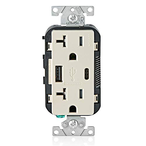 Leviton Dual USB In-Wall Charger with 20 A Tamper-Resistant Outlet – Type A & Type-C Compatibility for Smartphones and Tablets, Light Almond Finish – Streamlined Charging Solution for Home and Office Spaces